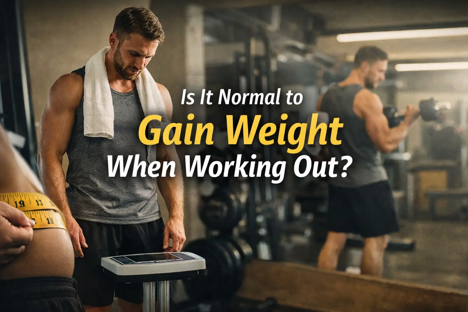 Horizontal featured image of a man standing on a scale at the gym looking surprised, with overlay text reading “Is It Normal to Gain Weight When Working Out?”