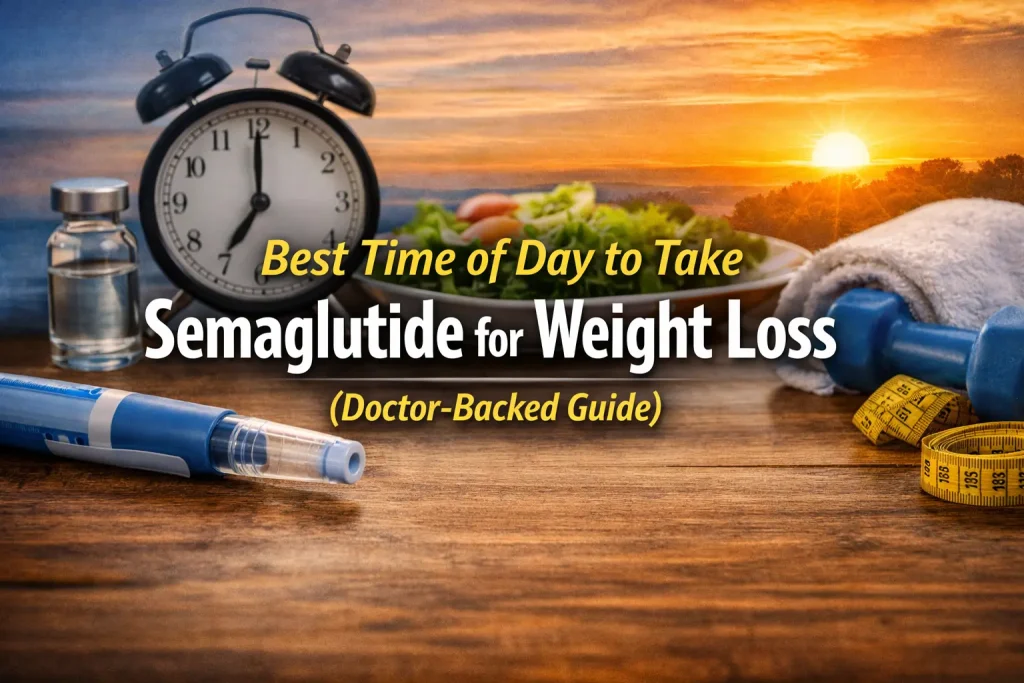 Doctor holding semaglutide injection pen with clock overlay representing timing for weight loss treatment.