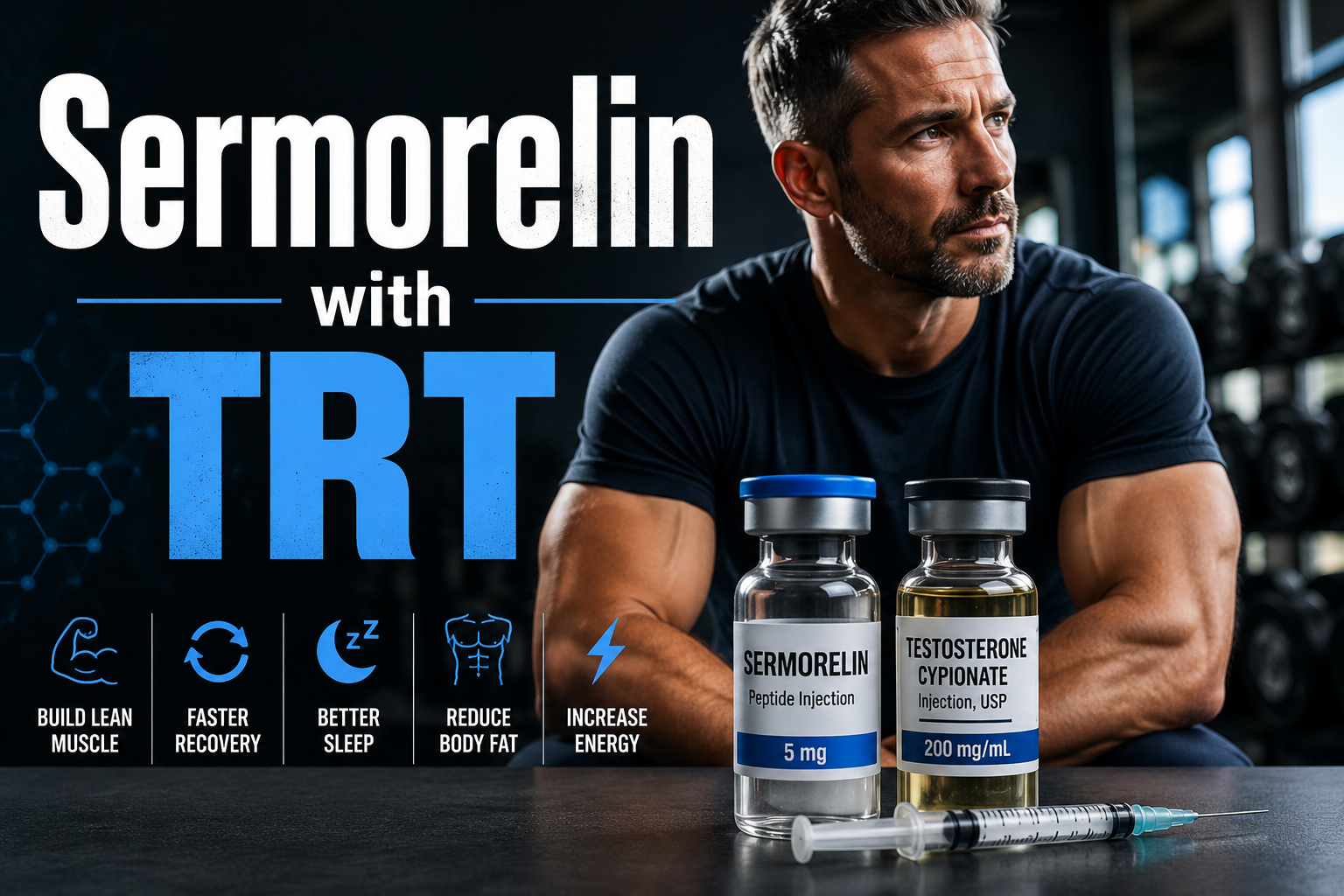 Man in gym setting with sermorelin and TRT injection vials beside overlaid text reading “Sermorelin with TRT” and benefits like muscle growth, recovery, sleep, and energy.