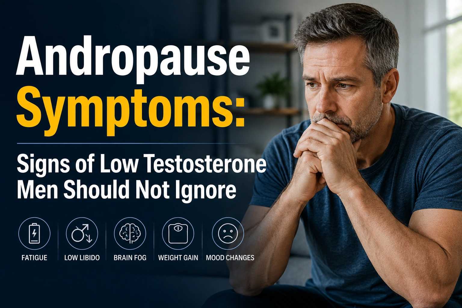 Horizontal featured image showing a middle-aged man looking concerned while sitting indoors beside text reading “Andropause Symptoms: Signs of Low Testosterone Men Should Not Ignore.” Icons highlight fatigue, low libido, brain fog, weight gain, and mood changes.