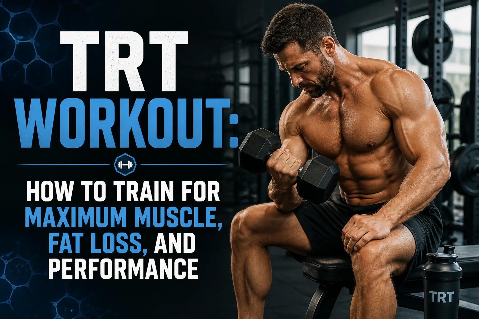Muscular man performing a dumbbell curl in a gym with bold text overlay reading “TRT Workout: How to Train for Maximum Muscle, Fat Loss, and Performance”