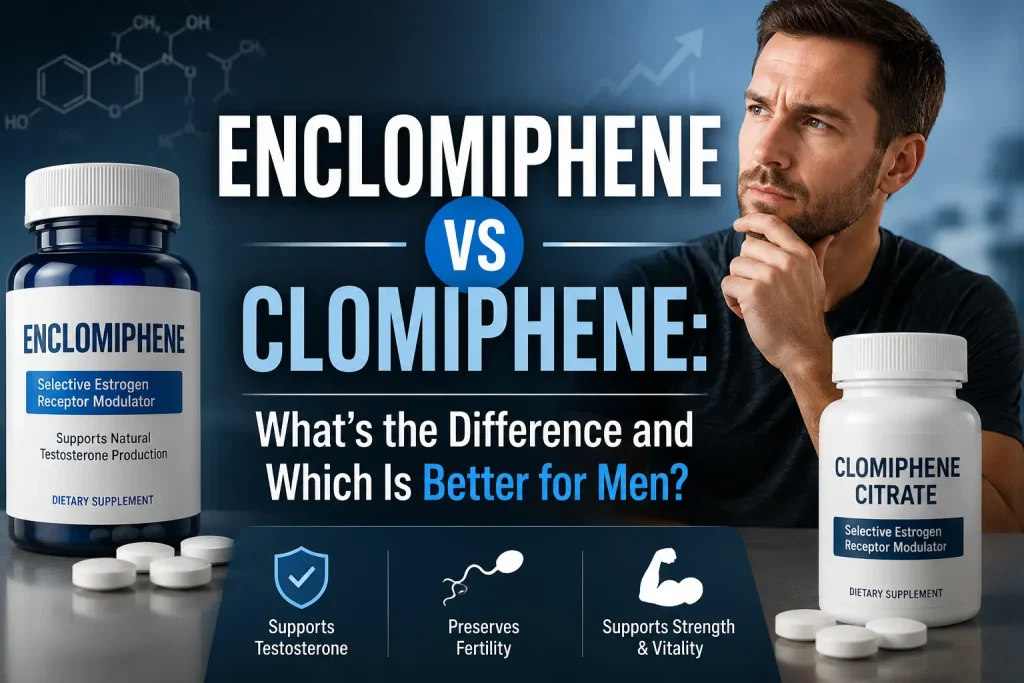 Featured image for an article about enclomiphene vs clomiphene showing a middle-aged man in a medical consultation reviewing hormone treatment options with a healthcare provider. The image includes medication imagery, hormone-related medical graphics, and the overlaid text: “Enclomiphene vs Clomiphene: What's the Difference and Which Is Better for Men?” in a professional men's health clinic setting.