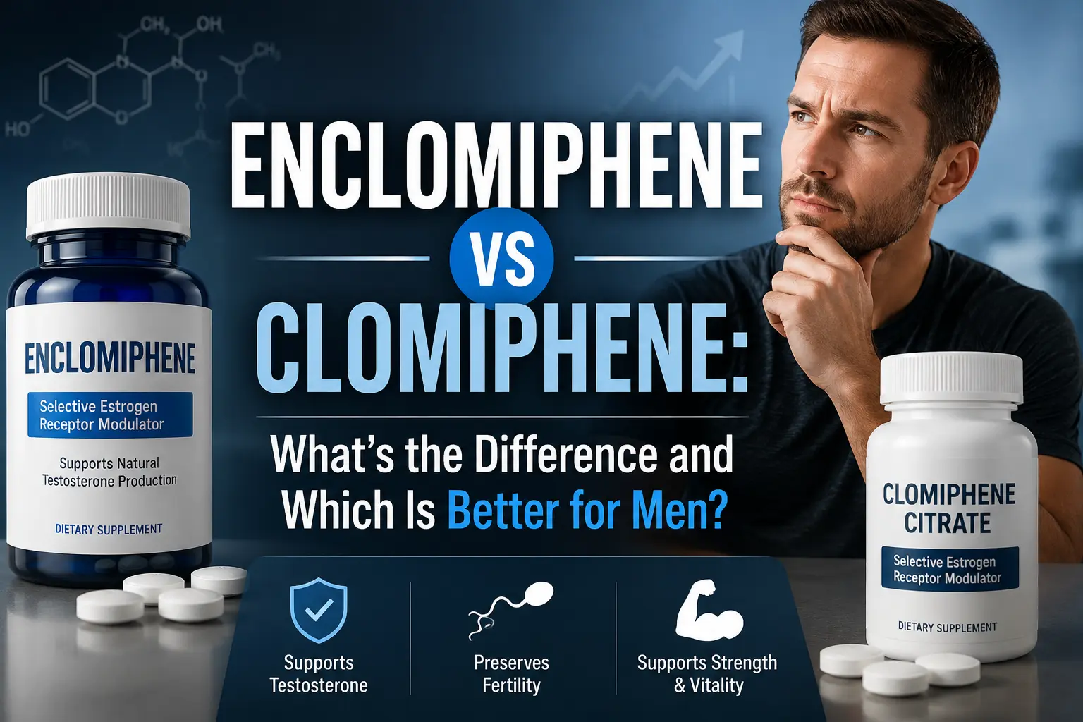 Featured image for an article about enclomiphene vs clomiphene showing a middle-aged man in a medical consultation reviewing hormone treatment options with a healthcare provider. The image includes medication imagery, hormone-related medical graphics, and the overlaid text: “Enclomiphene vs Clomiphene: What's the Difference and Which Is Better for Men?” in a professional men's health clinic setting.