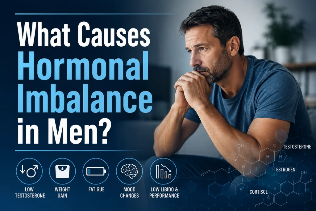 A middle-aged man looking concerned while reviewing his health, with medical graphics and hormone-related imagery in the background. Overlaid text reads, "What Causes Hormonal Imbalance in Men?" conveying common factors that can affect men's hormone health, including aging, stress, weight gain, and low testosterone.