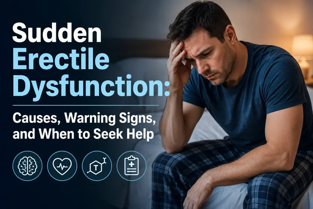 Man sitting on the edge of a bed in a dimly lit bedroom, holding his forehead and looking concerned. Large text on the left reads "Sudden Erectile Dysfunction: Causes, Warning Signs, and When to Seek Help," with medical-themed icons representing brain health, heart health, testosterone, and clinical evaluation displayed below the title.