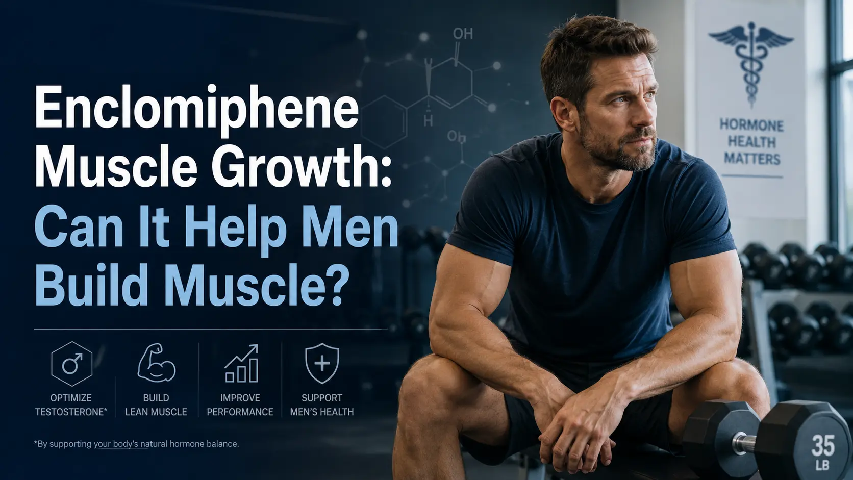 Featured image showing a fit man seated in a gym beside a dumbbell with hormone-health graphics and the text “Enclomiphene Muscle Growth: Can It Help Men Build Muscle?”
