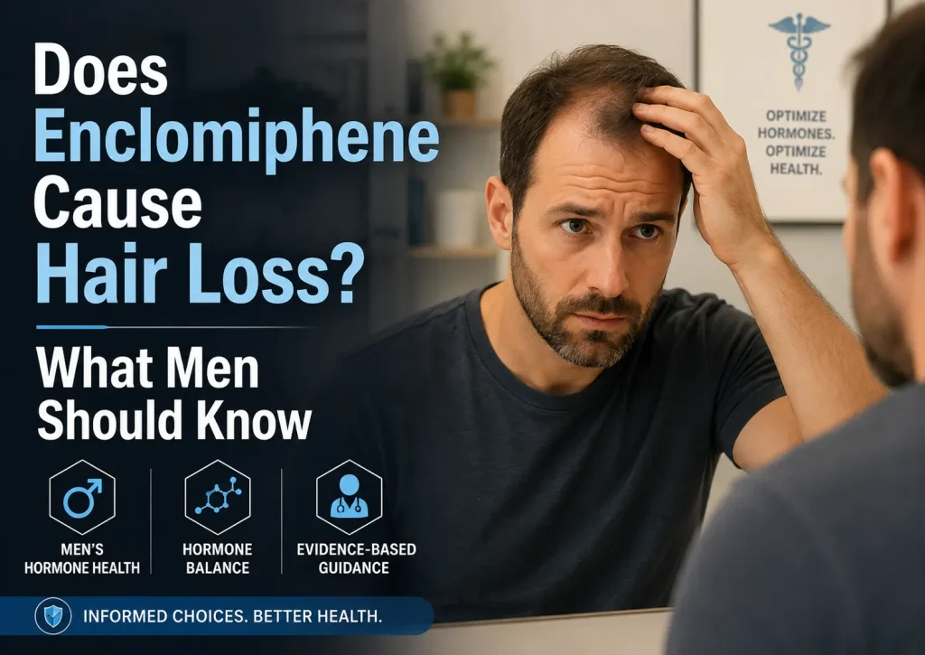 Man checking his receding hairline in a mirror beside the headline “Does Enclomiphene Cause Hair Loss? What Men Should Know,” with men’s hormone health icons and a clinic-style background.