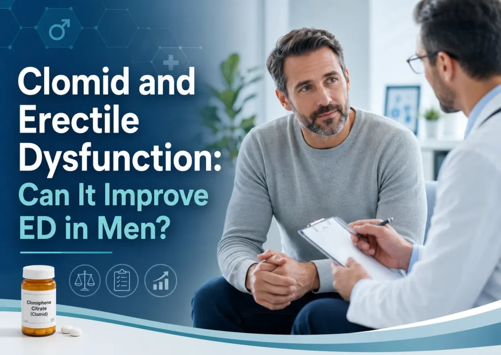 Bearded man in a gray sweater consulting with a doctor holding a clipboard, beside a Clomiphene Citrate bottle, medical icons, and the headline “Clomid and Erectile Dysfunction: Can It Improve ED in Men?”