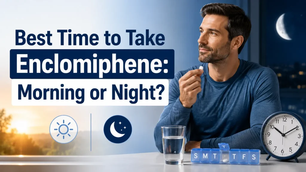 Man holding a pill beside a glass of water, weekly pill organizer, and clock, with sunrise and moon imagery and the text “Best Time to Take Enclomiphene: Morning or Night?”