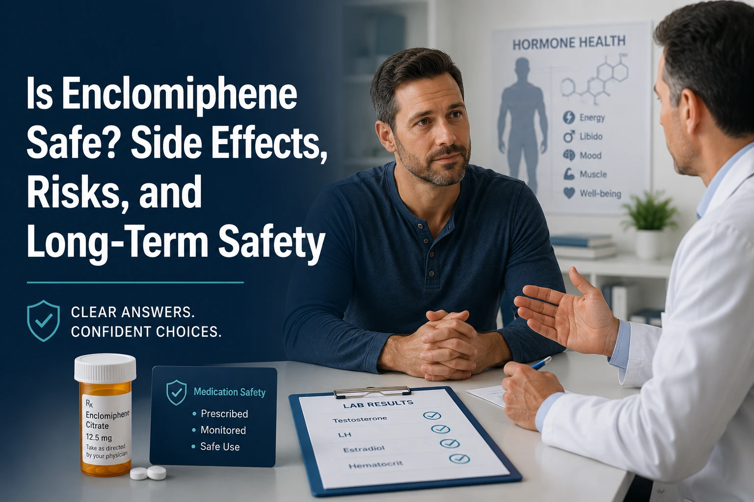 Horizontal featured image showing a man discussing enclomiphene safety and hormone health with a doctor beside an enclomiphene prescription bottle and lab results, with the article title displayed on the left.