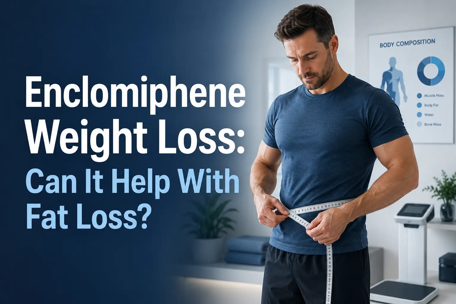 Fit man measuring his waist in a modern clinic beside a body composition chart, with text reading “Enclomiphene Weight Loss: Can It Help With Fat Loss?”