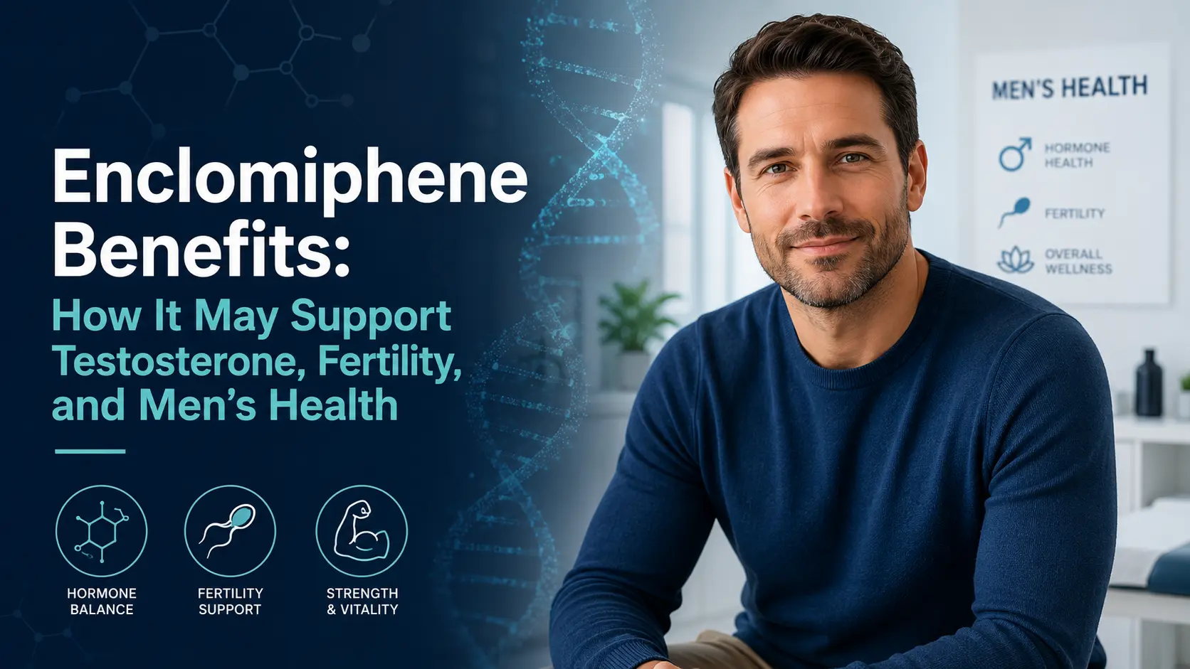 Featured image for an article on enclomiphene benefits showing a man in a blue sweater seated in a men’s health clinic beside a headline, DNA graphics, and icons for hormone balance, fertility support, strength, and overall wellness.
