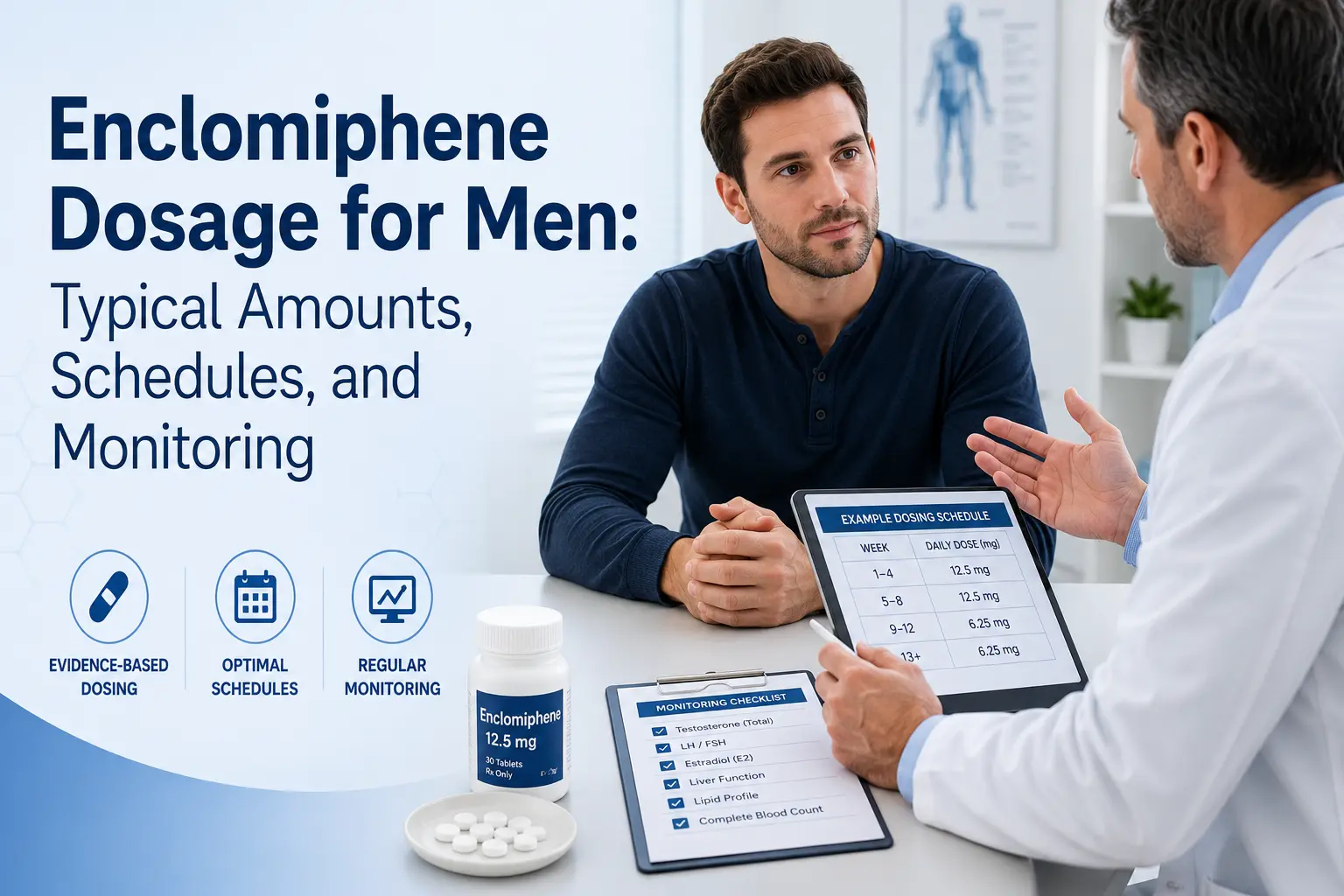 Doctor showing a male patient a tablet with sperm count, motility, and morphology information beside the headline “Enclomiphene Fertility: Does It Improve Sperm Count?”