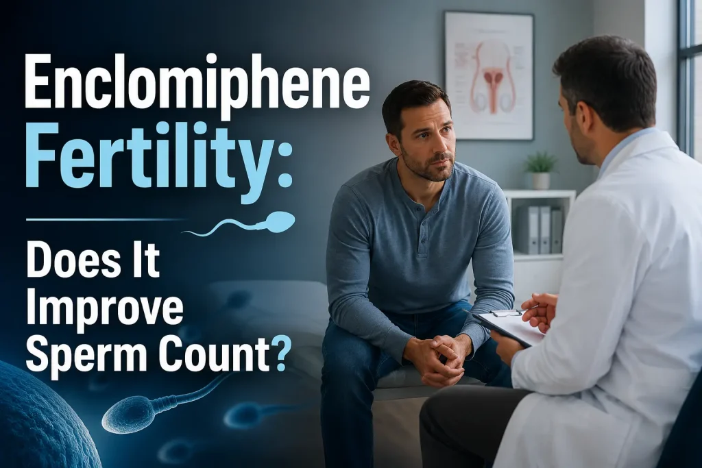 Doctor showing a male patient a tablet with sperm count, motility, and morphology information beside the headline “Enclomiphene Fertility: Does It Improve Sperm Count?”