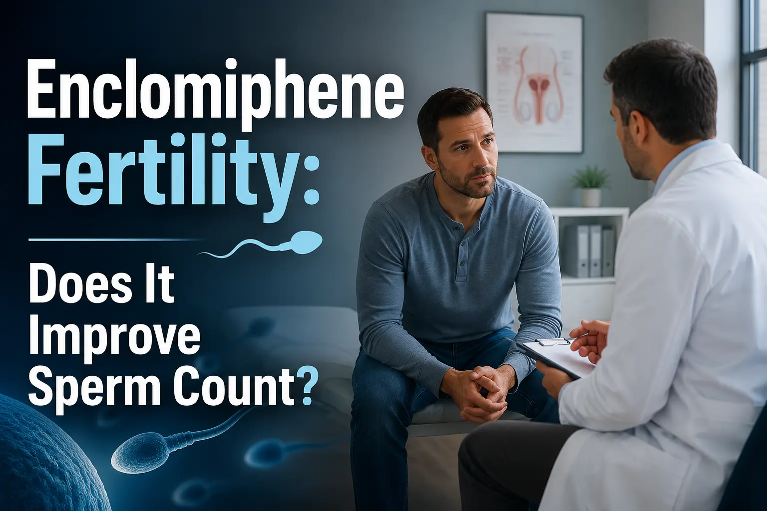 Doctor showing a male patient a tablet with sperm count, motility, and morphology information beside the headline “Enclomiphene Fertility: Does It Improve Sperm Count?”