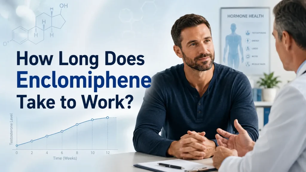 Man discussing hormone health with a doctor beside a testosterone timeline chart and the text “How Long Does Enclomiphene Take to Work?”