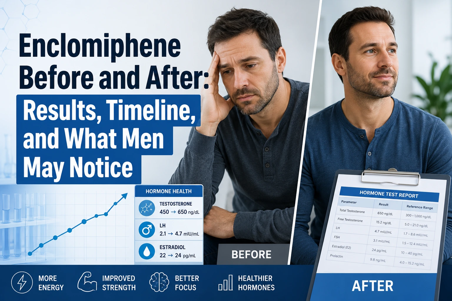 Split before-and-after image of a man with low energy and improved confidence, alongside hormone test results and an upward-trending chart.
