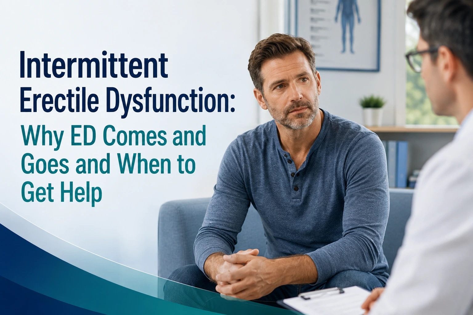 Middle-aged man discussing intermittent erectile dysfunction with a healthcare provider in a modern clinic, with article title text on the left.