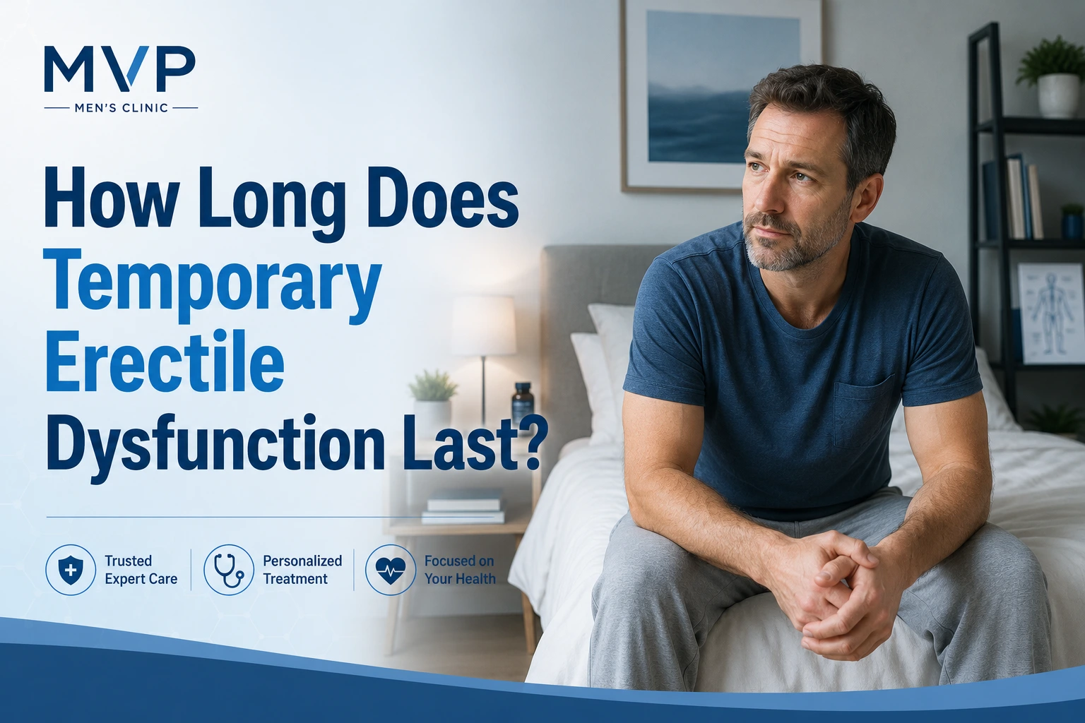 Thoughtful middle-aged man sitting on the edge of a bed beside the text “How Long Does Temporary Erectile Dysfunction Last?”