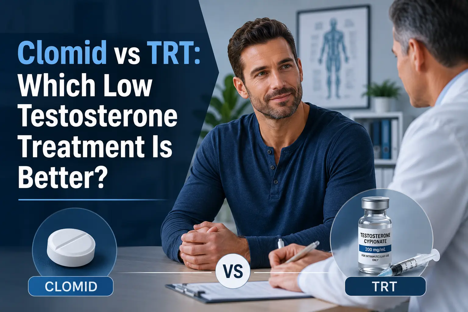 Man discussing low testosterone treatment with a doctor beside Clomid tablet and TRT injection graphics, with the title “Clomid vs TRT: Which Low Testosterone Treatment Is Better?”