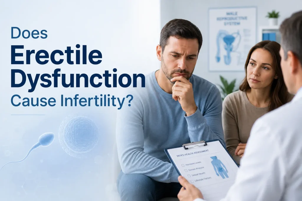 Concerned couple speaking with a doctor about male fertility, with sperm imagery and the text “Does Erectile Dysfunction Cause Infertility?”