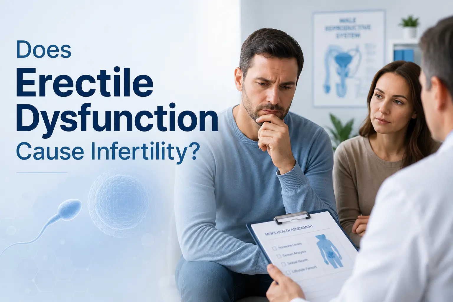 Concerned couple speaking with a doctor about male fertility, with sperm imagery and the text “Does Erectile Dysfunction Cause Infertility?”