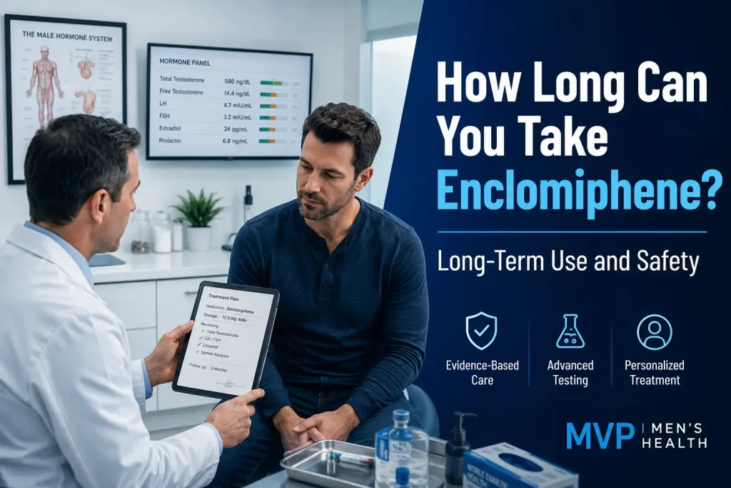 Doctor reviews an enclomiphene treatment plan with a male patient in a medical clinic, with hormone test results displayed in the background.