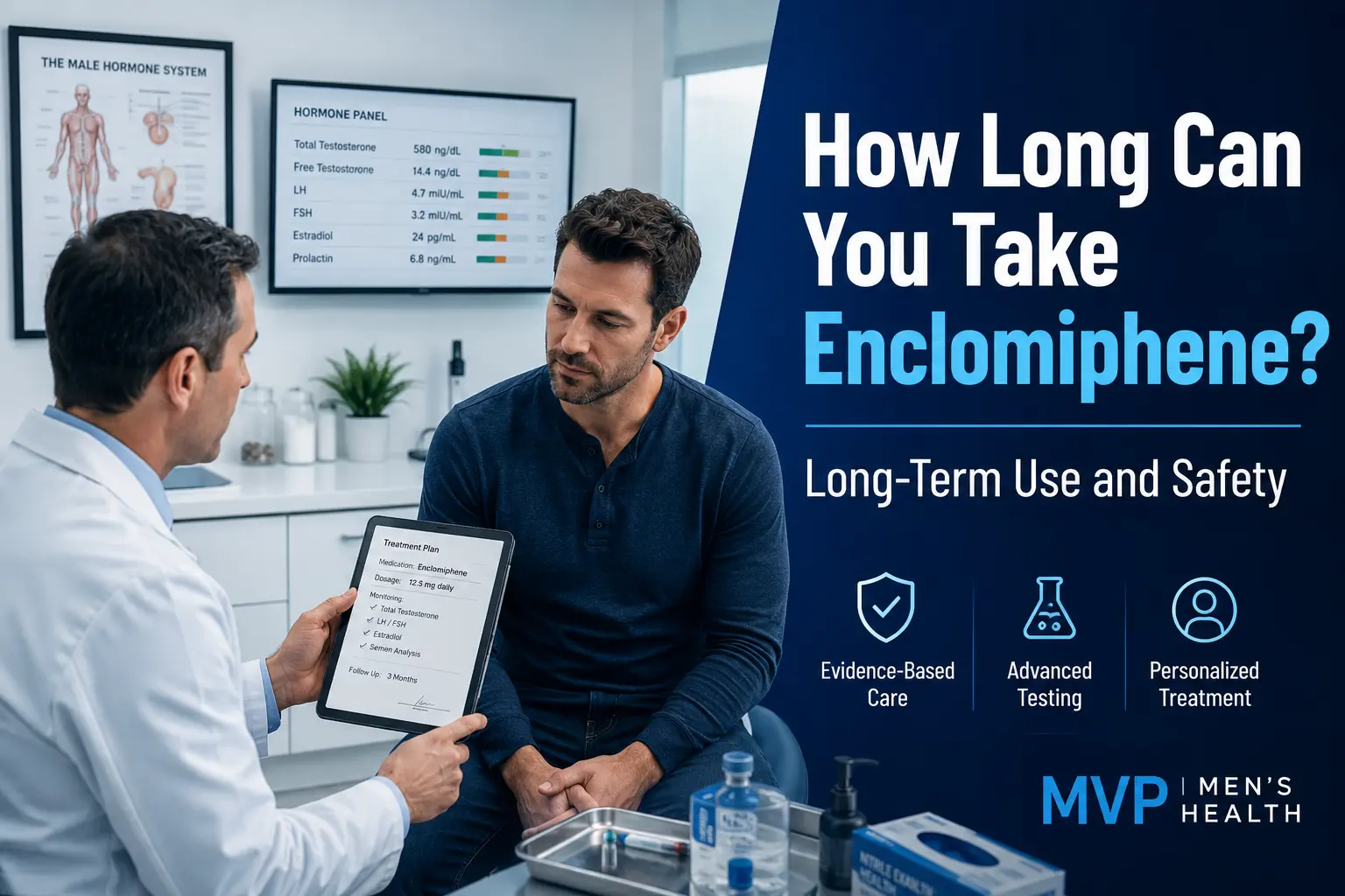 Doctor reviews an enclomiphene treatment plan with a male patient in a medical clinic, with hormone test results displayed in the background.