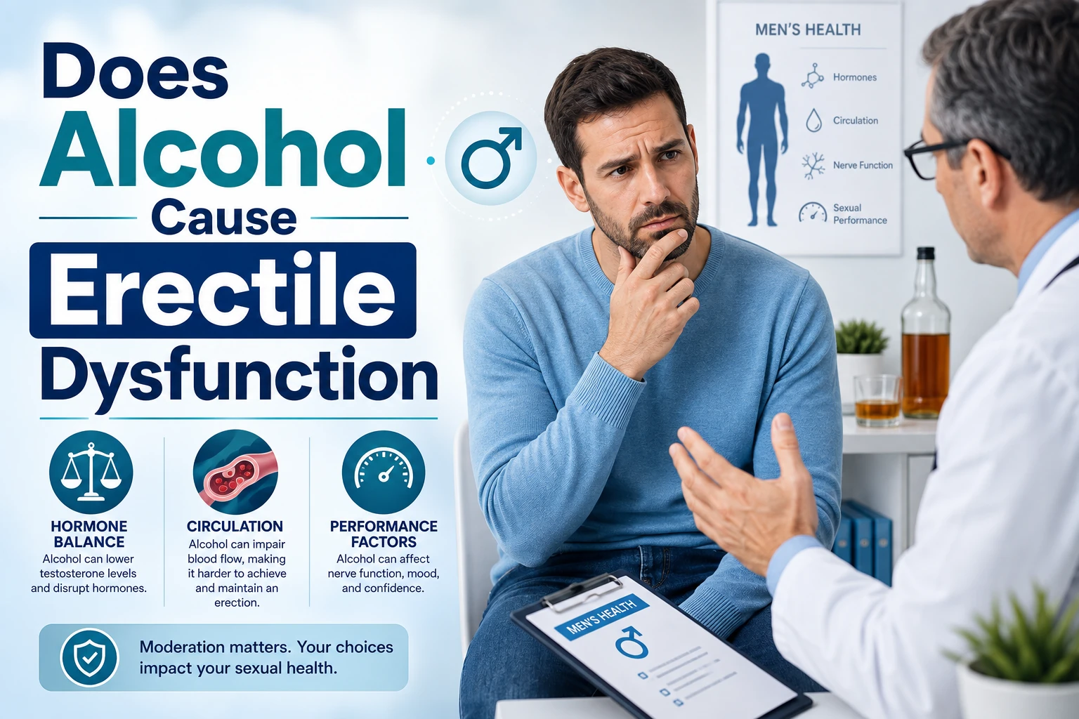Man discussing erectile dysfunction with a doctor, alongside alcohol, circulation, hormone balance, and sexual performance graphics, with text reading “Does Alcohol Cause Erectile Dysfunction?”
