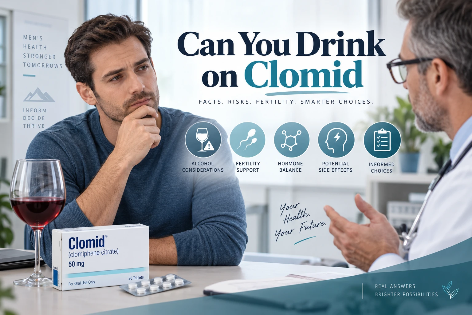 Man discussing Clomid and alcohol use with a doctor, alongside a wine glass, Clomid packaging, and icons for fertility, hormone balance, side effects, and informed choices, with text reading “Can You Drink on Clomid?”