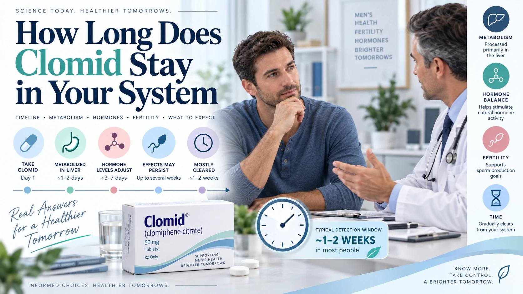 Man discussing Clomid with a doctor, alongside a timeline showing metabolism, hormone changes, fertility, and clearance, with text reading “How Long Does Clomid Stay in Your System?”