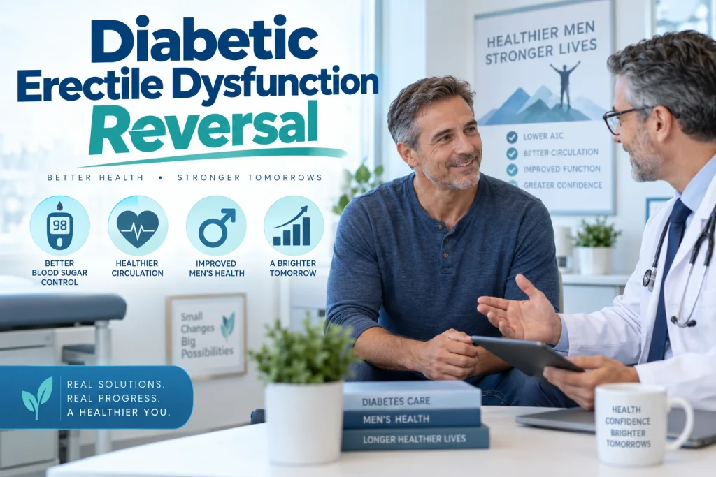Man discussing diabetic erectile dysfunction with a doctor, alongside graphics for blood sugar control, circulation, and men’s health, with text reading “Diabetic Erectile Dysfunction Reversal.”