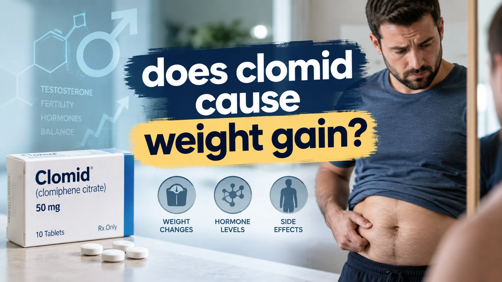 Man checking his abdomen beside Clomid packaging and icons for weight changes, hormone levels, and side effects, with text reading “Does Clomid Cause Weight Gain?”
