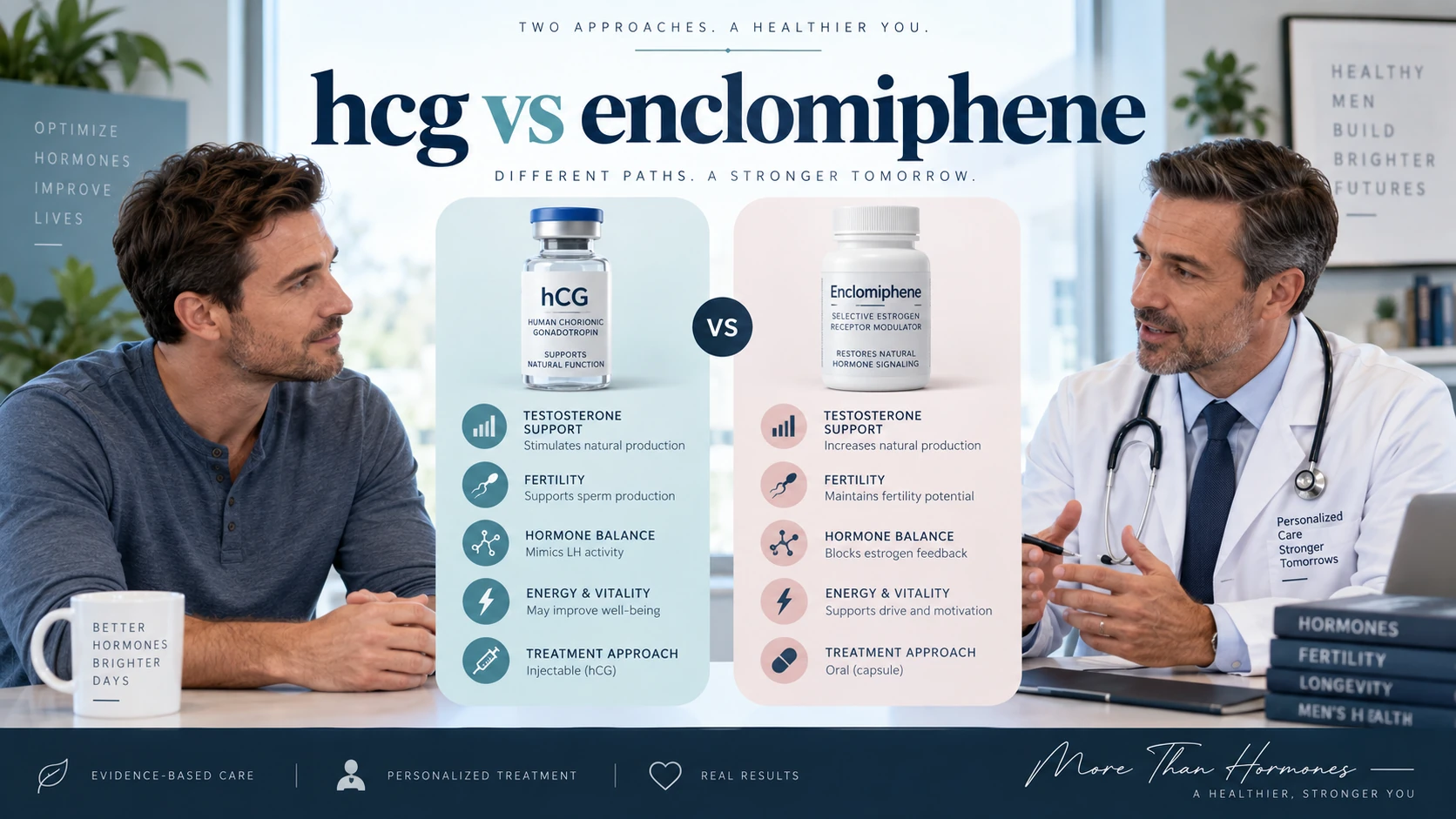 Man discussing hormone treatment options with a doctor beside an HCG and enclomiphene comparison chart covering testosterone support, fertility, hormone balance, and treatment approach, with text reading “HCG vs Enclomiphene.”
