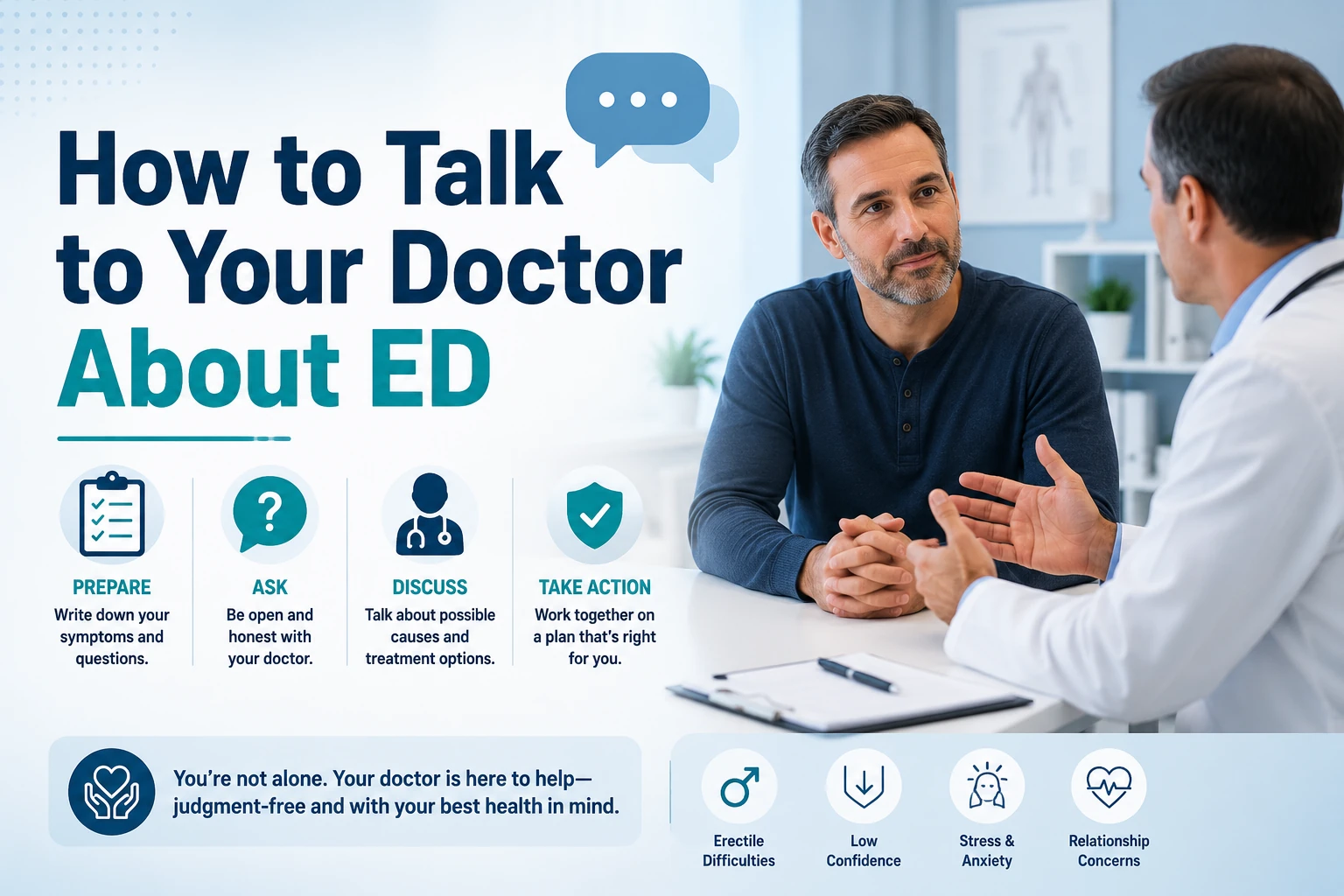 Man having a private conversation with a doctor about erectile dysfunction, alongside preparation and discussion tips, with text reading “How to Talk to Your Doctor About ED.”