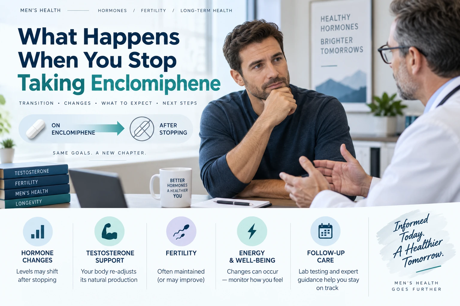 Man discussing stopping enclomiphene with a doctor, alongside icons for hormone changes, testosterone support, fertility, energy, and follow-up care, with text reading “What Happens When You Stop Taking Enclomiphene.”