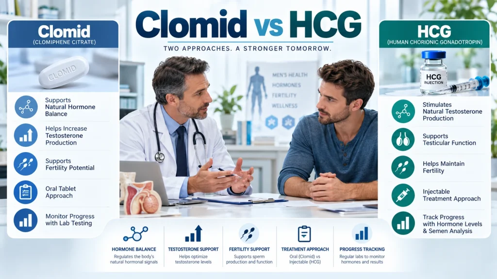 Man discussing hormone and fertility treatment options with a doctor beside a Clomid vs HCG comparison chart covering testosterone support, fertility, treatment approach, and progress tracking.