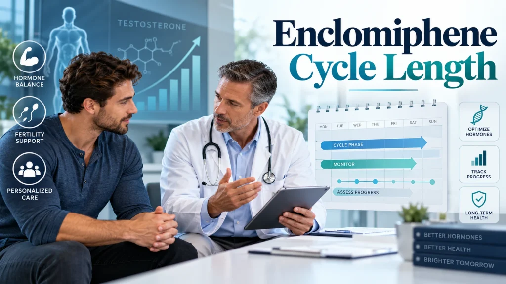 Man discussing enclomiphene treatment with a doctor, alongside cycle planning, hormone balance, fertility support, progress tracking, and personalized care graphics, with text reading “Enclomiphene Cycle Length.”