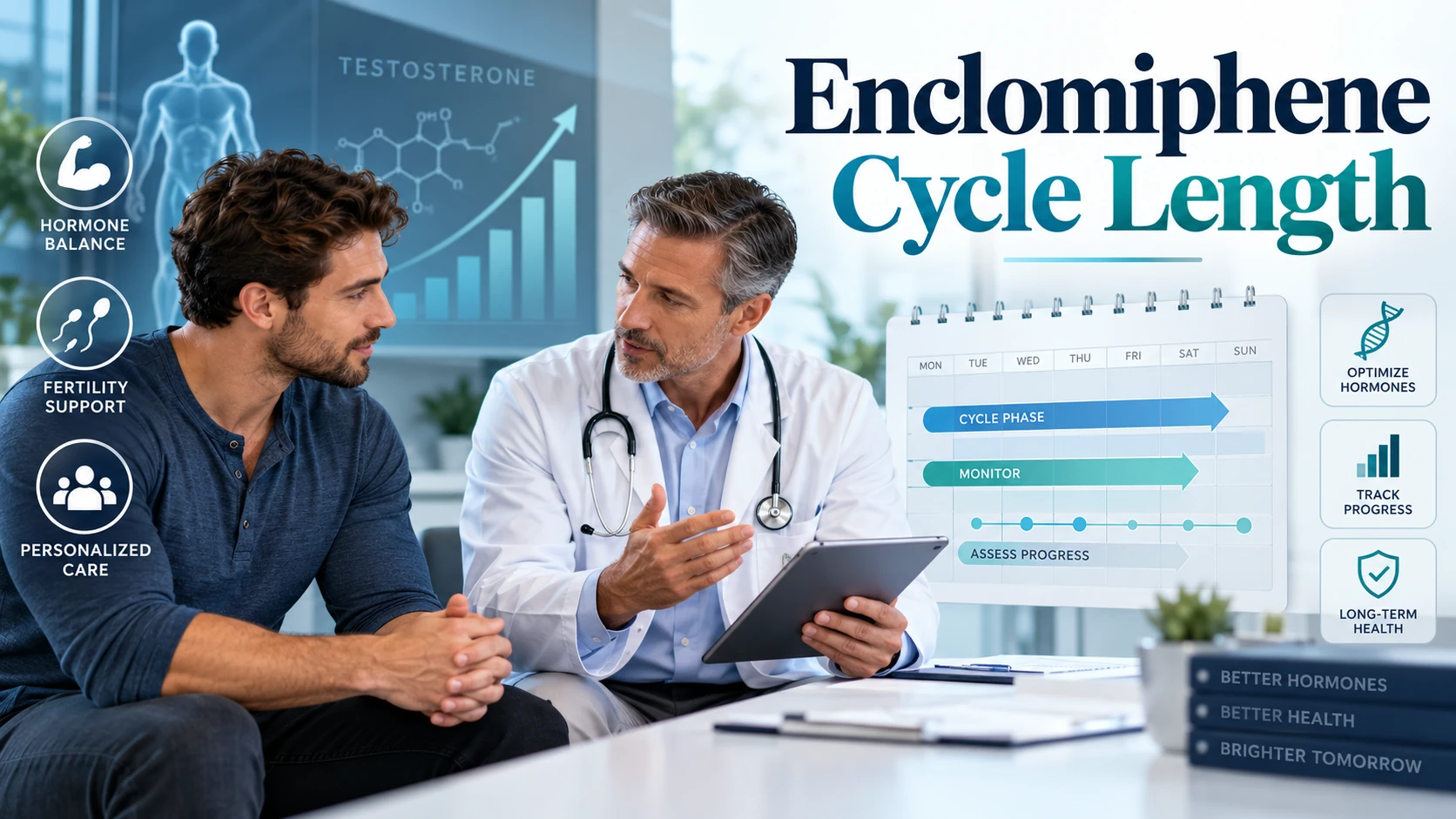 Man discussing enclomiphene treatment with a doctor, alongside cycle planning, hormone balance, fertility support, progress tracking, and personalized care graphics, with text reading “Enclomiphene Cycle Length.”