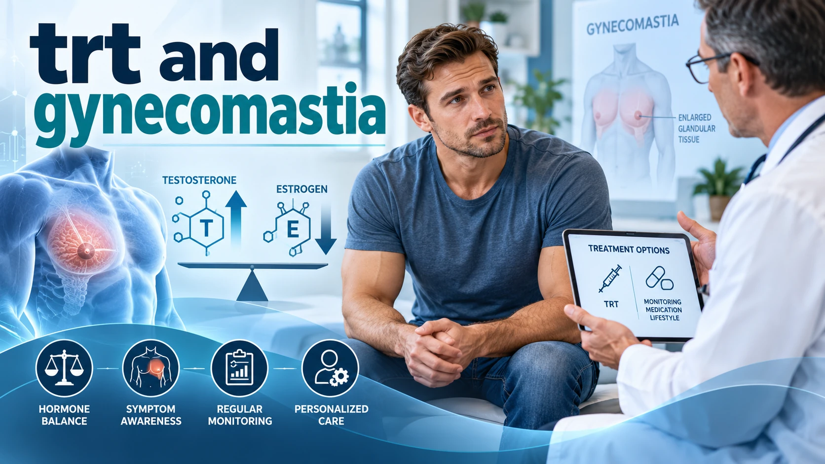 Man discussing TRT and gynecomastia with a doctor, alongside chest anatomy and testosterone-to-estrogen balance graphics, with text reading “TRT and Gynecomastia.”