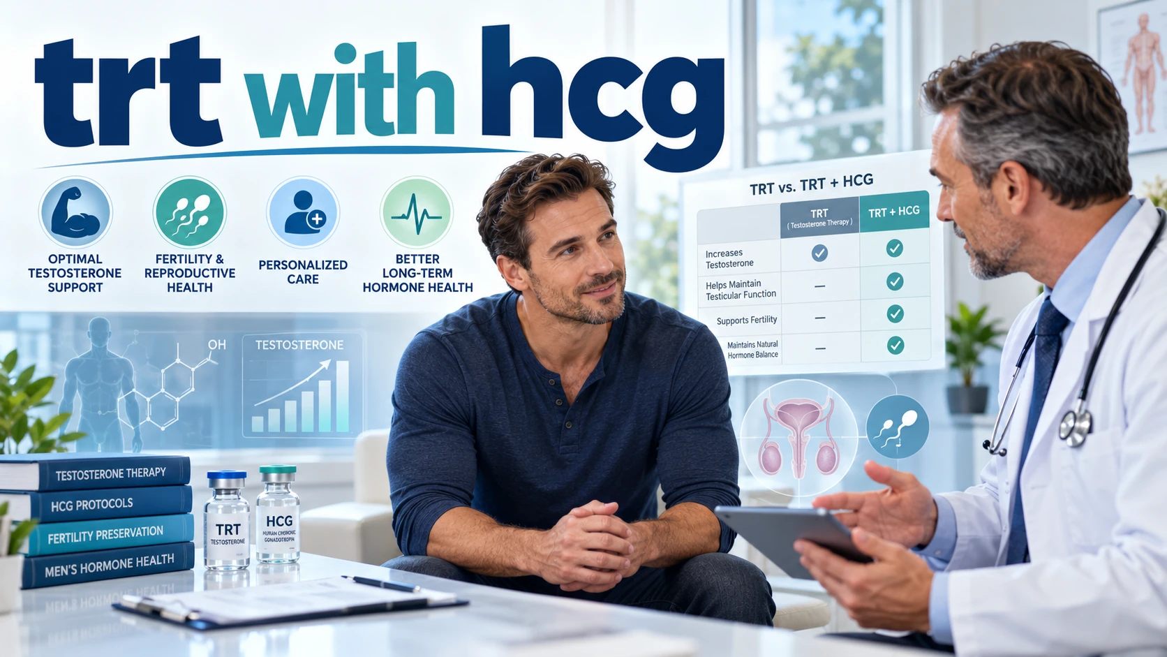 Man discussing TRT with HCG with a doctor, alongside hormone, fertility, testosterone, and treatment comparison graphics, with text reading “TRT With HCG.”